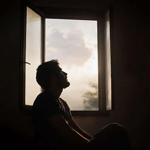 Person sitting quietly by a window with morning light, eyes gently closed